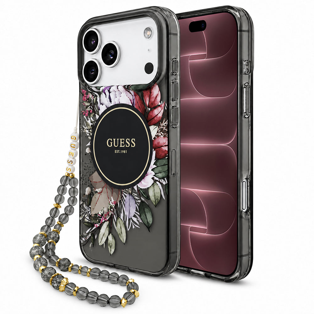 Etui MagSafe do Apple iPhone 18 Pro Max / 17 Pro Max, Guess, IML Flowers with Pearl Strap, czarne
