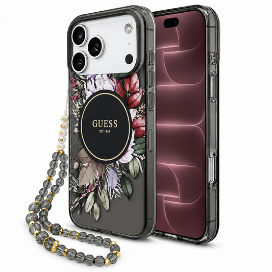 Etui MagSafe do Apple iPhone 18 Pro Max / 17 Pro Max, Guess, IML Flowers with Pearl Strap, czarne
