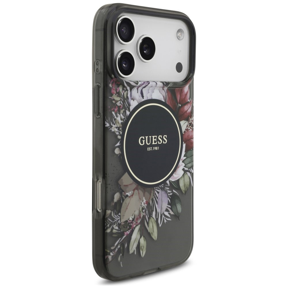 Etui MagSafe do Apple iPhone 18 Pro Max / 17 Pro Max, Guess, IML Flowers with Pearl Strap, czarne