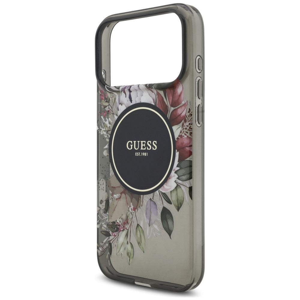 Etui MagSafe do Apple iPhone 18 Pro Max / 17 Pro Max, Guess, IML Flowers with Pearl Strap, czarne