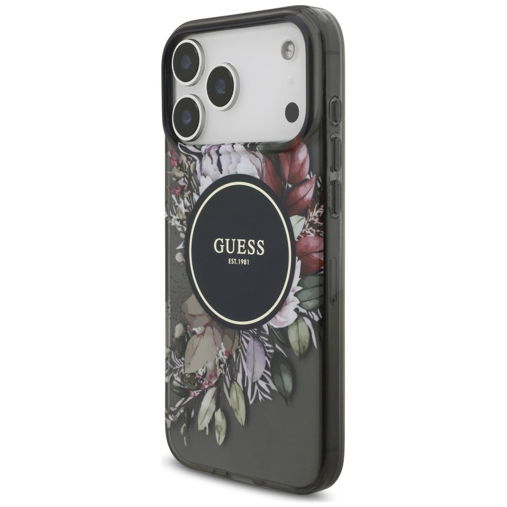 Etui MagSafe do Apple iPhone 18 Pro Max / 17 Pro Max, Guess, IML Flowers with Pearl Strap, czarne