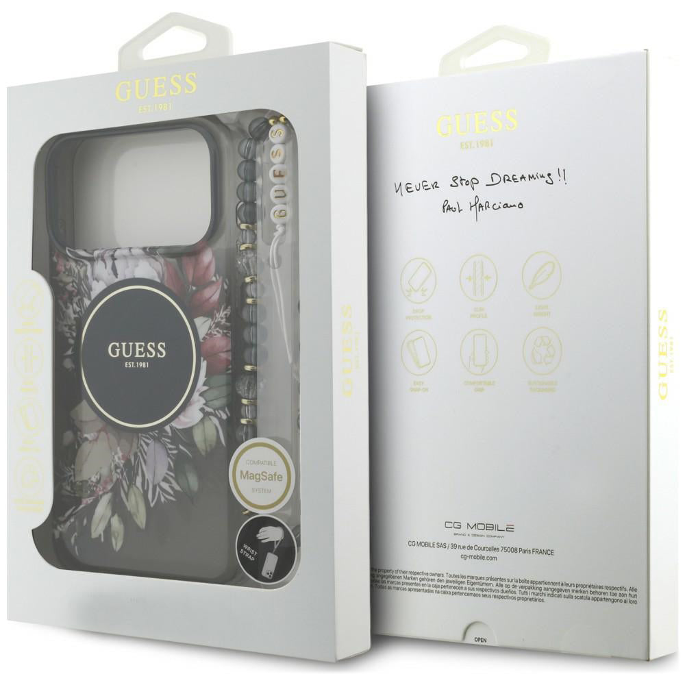 Etui MagSafe do Apple iPhone 18 Pro Max / 17 Pro Max, Guess, IML Flowers with Pearl Strap, czarne