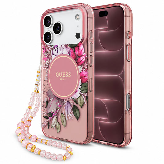 Etui MagSafe do Apple iPhone 18 Pro Max / 17 Pro Max, Guess, IML Flowers with Pearl Strap, różowy