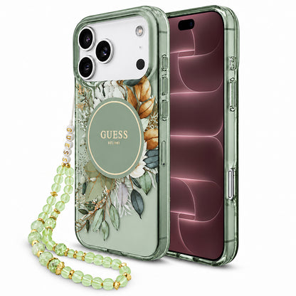 Etui MagSafe do Apple iPhone 18 Pro Max / 17 Pro Max, Guess, IML Flowers with Pearl Strap, zielone