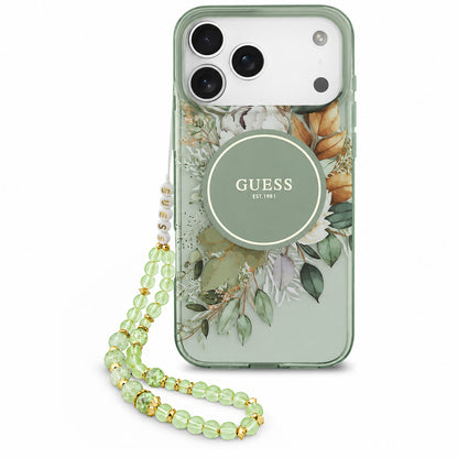 Etui MagSafe do Apple iPhone 18 Pro Max / 17 Pro Max, Guess, IML Flowers with Pearl Strap, zielone
