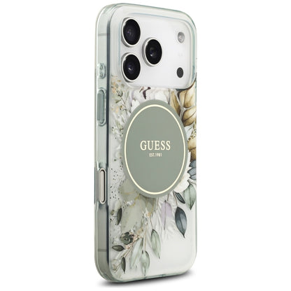 Etui MagSafe do Apple iPhone 18 Pro Max / 17 Pro Max, Guess, IML Flowers with Pearl Strap, zielone