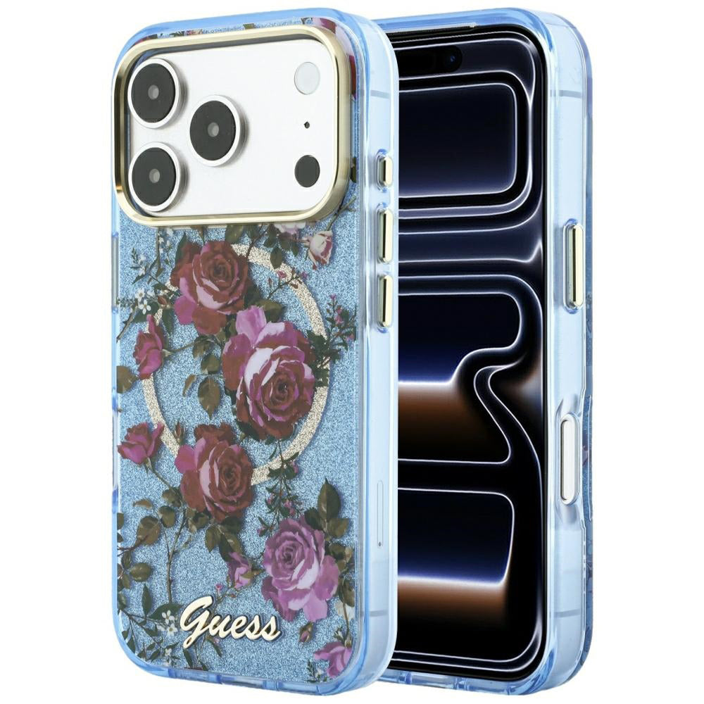 Etui MagSafe do Apple iPhone 18 Pro Max / 17 Pro Max, Guess, IML Glitter Blossom Roses, Bleu