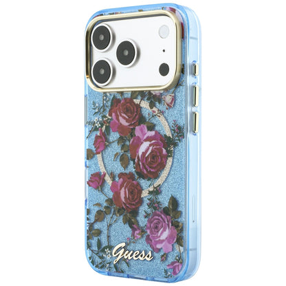 Etui MagSafe do Apple iPhone 18 Pro Max / 17 Pro Max, Guess, IML Glitter Blossom Roses, Bleu