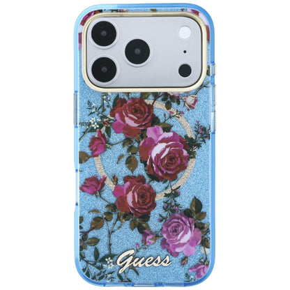 Etui MagSafe do Apple iPhone 18 Pro Max / 17 Pro Max, Guess, IML Glitter Blossom Roses, Bleu