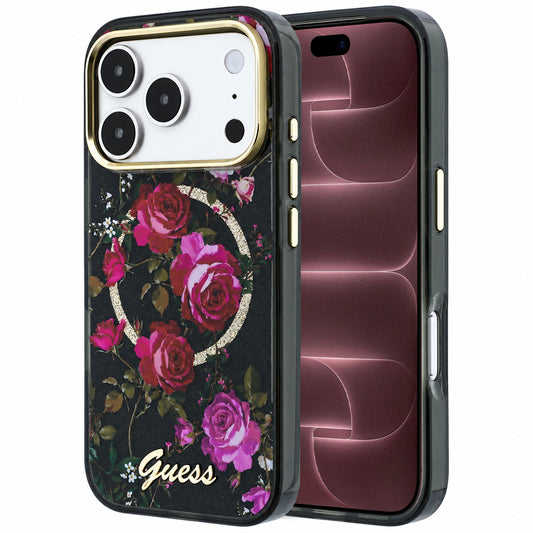 Etui MagSafe do Apple iPhone 18 Pro Max / 17 Pro Max, Guess, IML Glitter Blossom Roses, czarne