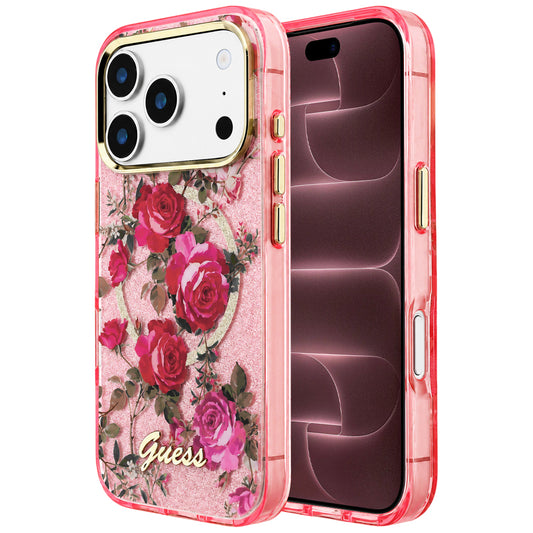 Etui MagSafe do Apple iPhone 18 Pro Max / 17 Pro Max, Guess, IML Glitter Blossom Roses, różowy
