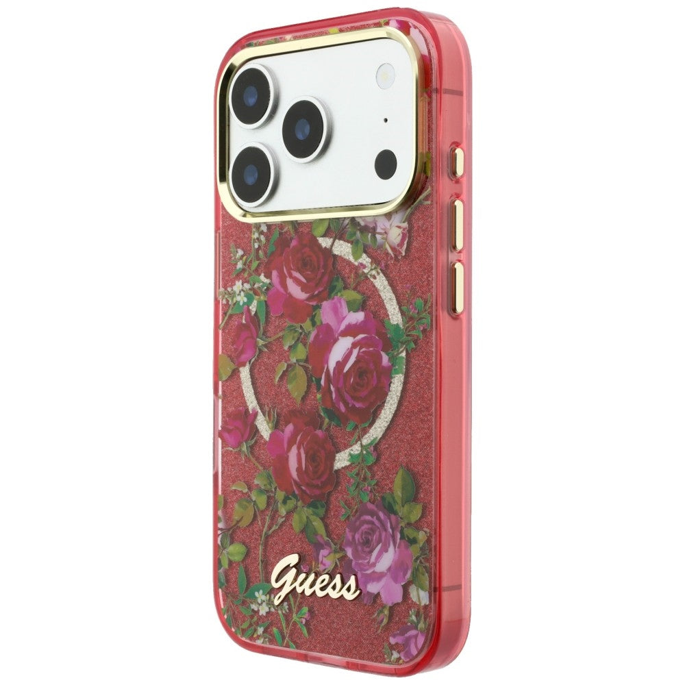 Etui MagSafe do Apple iPhone 18 Pro Max / 17 Pro Max, Guess, IML Glitter Blossom Roses, Wiśniowy
