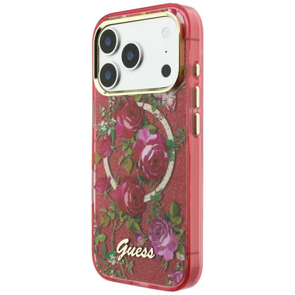 Etui MagSafe do Apple iPhone 18 Pro Max / 17 Pro Max, Guess, IML Glitter Blossom Roses, Wiśniowy
