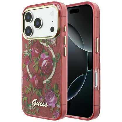 Etui MagSafe do Apple iPhone 18 Pro Max / 17 Pro Max, Guess, IML Glitter Blossom Roses, Wiśniowy