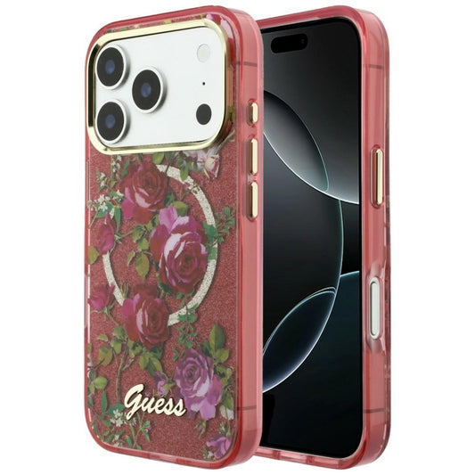 Etui MagSafe do Apple iPhone 18 Pro Max / 17 Pro Max, Guess, IML Glitter Blossom Roses, Wiśniowy