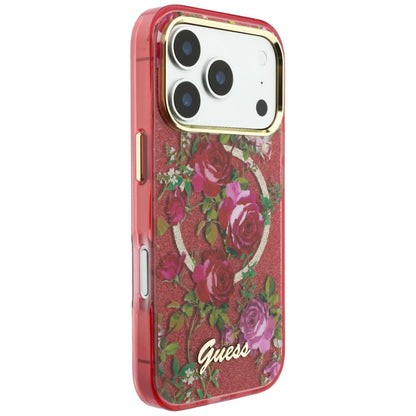 Etui MagSafe do Apple iPhone 18 Pro Max / 17 Pro Max, Guess, IML Glitter Blossom Roses, Wiśniowy