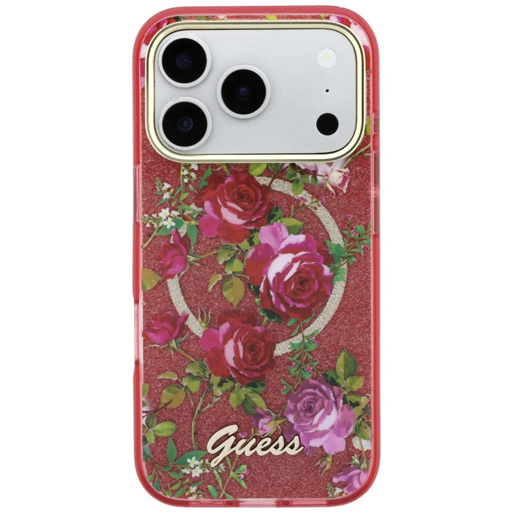 Etui MagSafe do Apple iPhone 18 Pro Max / 17 Pro Max, Guess, IML Glitter Blossom Roses, Wiśniowy