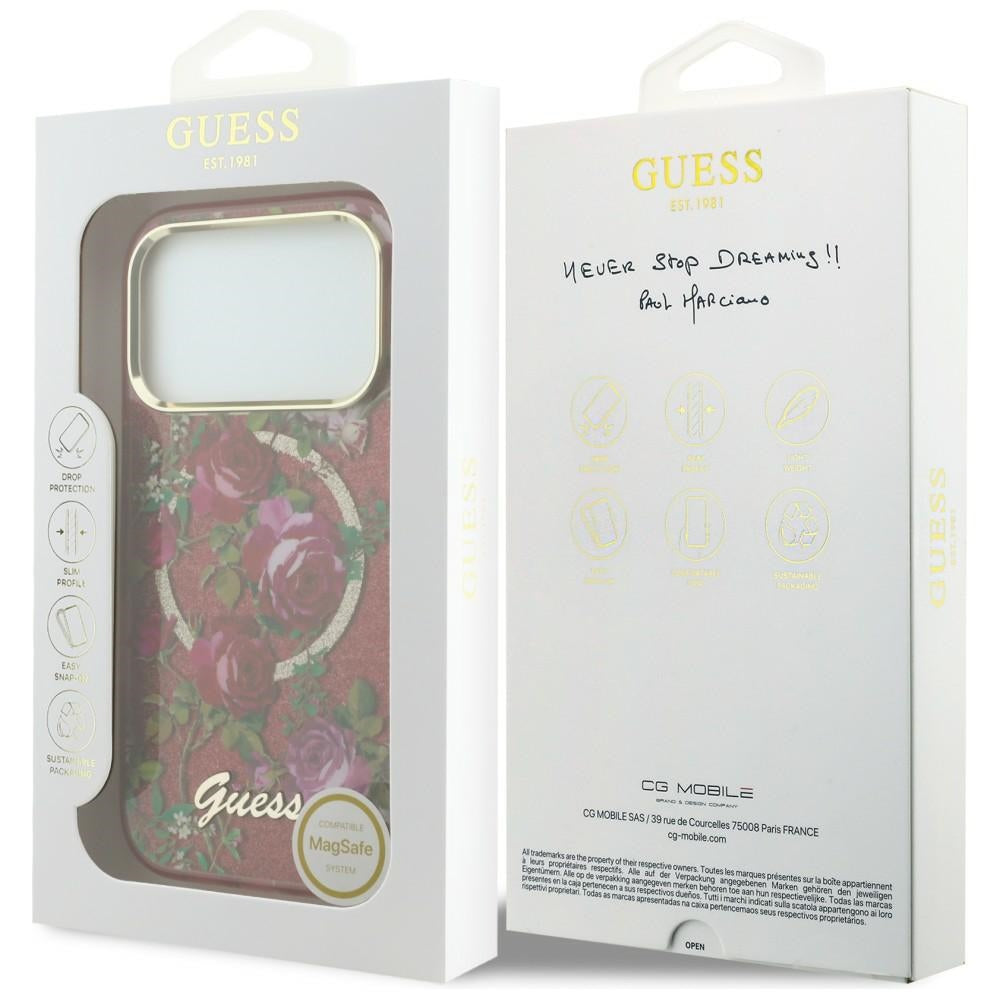 Etui MagSafe do Apple iPhone 18 Pro Max / 17 Pro Max, Guess, IML Glitter Blossom Roses, Wiśniowy