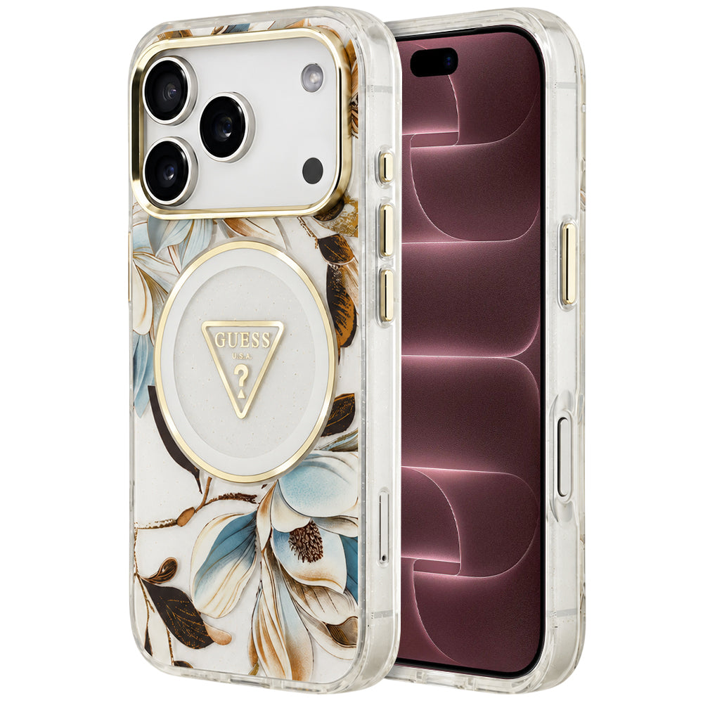 Etui MagSafe do Apple iPhone 18 Pro Max / 17 Pro Max, Guess, IML Metal Glitter Flowers Triangle, białe