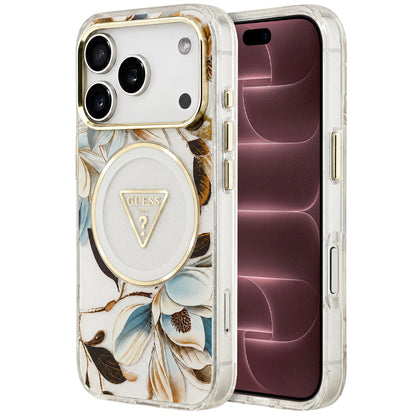 Etui MagSafe do Apple iPhone 18 Pro Max / 17 Pro Max, Guess, IML Metal Glitter Flowers Triangle, białe