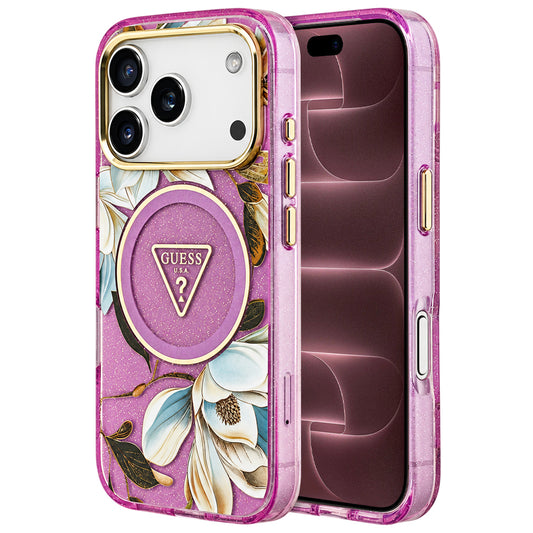 Etui MagSafe do Apple iPhone 18 Pro Max / 17 Pro Max, Guess, IML Metal Glitter Flowers Triangle, fioletowe