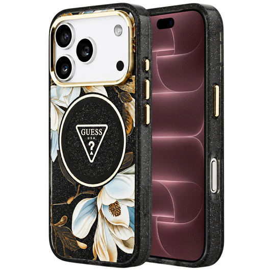 Etui MagSafe do Apple iPhone 18 Pro Max / 17 Pro Max, Guess, IML Metal Glitter Flowers Triangle, czarne