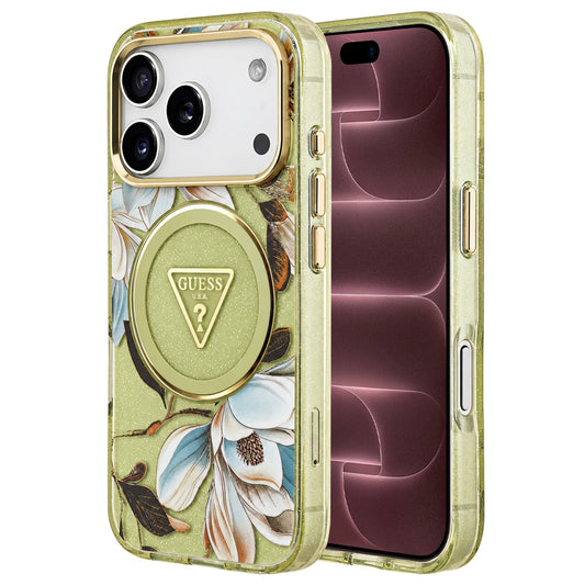 Etui MagSafe do Apple iPhone 18 Pro Max / 17 Pro Max, Guess, IML Metal Glitter Flowers Triangle, zielone