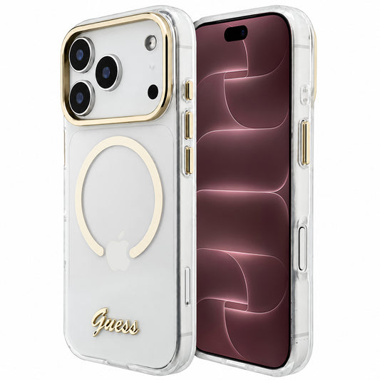 Etui MagSafe do Apple iPhone 18 Pro Max / 17 Pro Max, Guess, IML Script Metal, przezroczyste