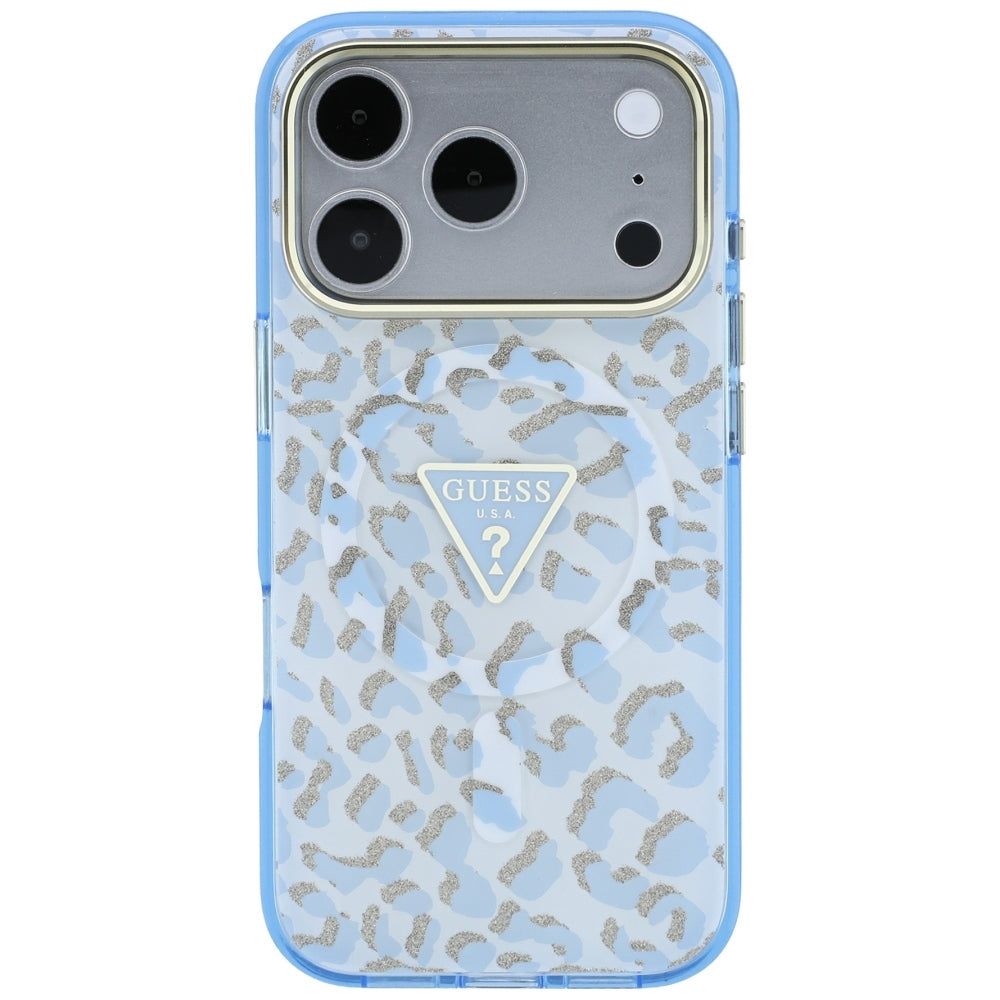 MagSafe Case for Apple iPhone 18 Pro Max / 17 Pro Max, Guess, Leopard Glitter Triangle Logo, Blue