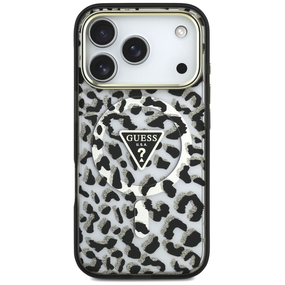 Etui MagSafe do Apple iPhone 18 Pro Max / 17 Pro Max, Guess, Leopard Glitter Triangle Logo, czarne