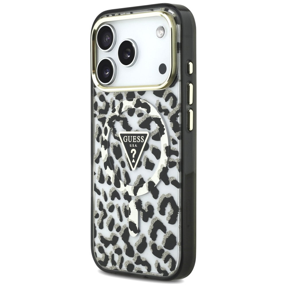 Etui MagSafe do Apple iPhone 18 Pro Max / 17 Pro Max, Guess, Leopard Glitter Triangle Logo, czarne