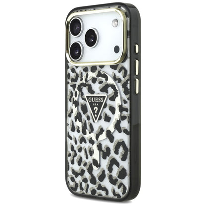 Etui MagSafe do Apple iPhone 18 Pro Max / 17 Pro Max, Guess, Leopard Glitter Triangle Logo, czarne