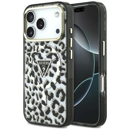 Etui MagSafe do Apple iPhone 18 Pro Max / 17 Pro Max, Guess, Leopard Glitter Triangle Logo, czarne