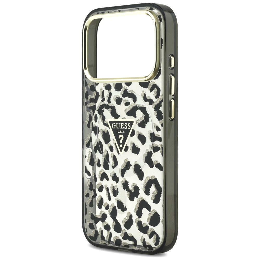 Etui MagSafe do Apple iPhone 18 Pro Max / 17 Pro Max, Guess, Leopard Glitter Triangle Logo, czarne