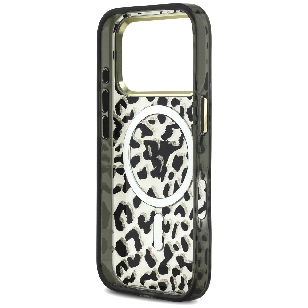Etui MagSafe do Apple iPhone 18 Pro Max / 17 Pro Max, Guess, Leopard Glitter Triangle Logo, czarne