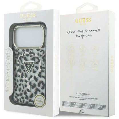 Etui MagSafe do Apple iPhone 18 Pro Max / 17 Pro Max, Guess, Leopard Glitter Triangle Logo, czarne