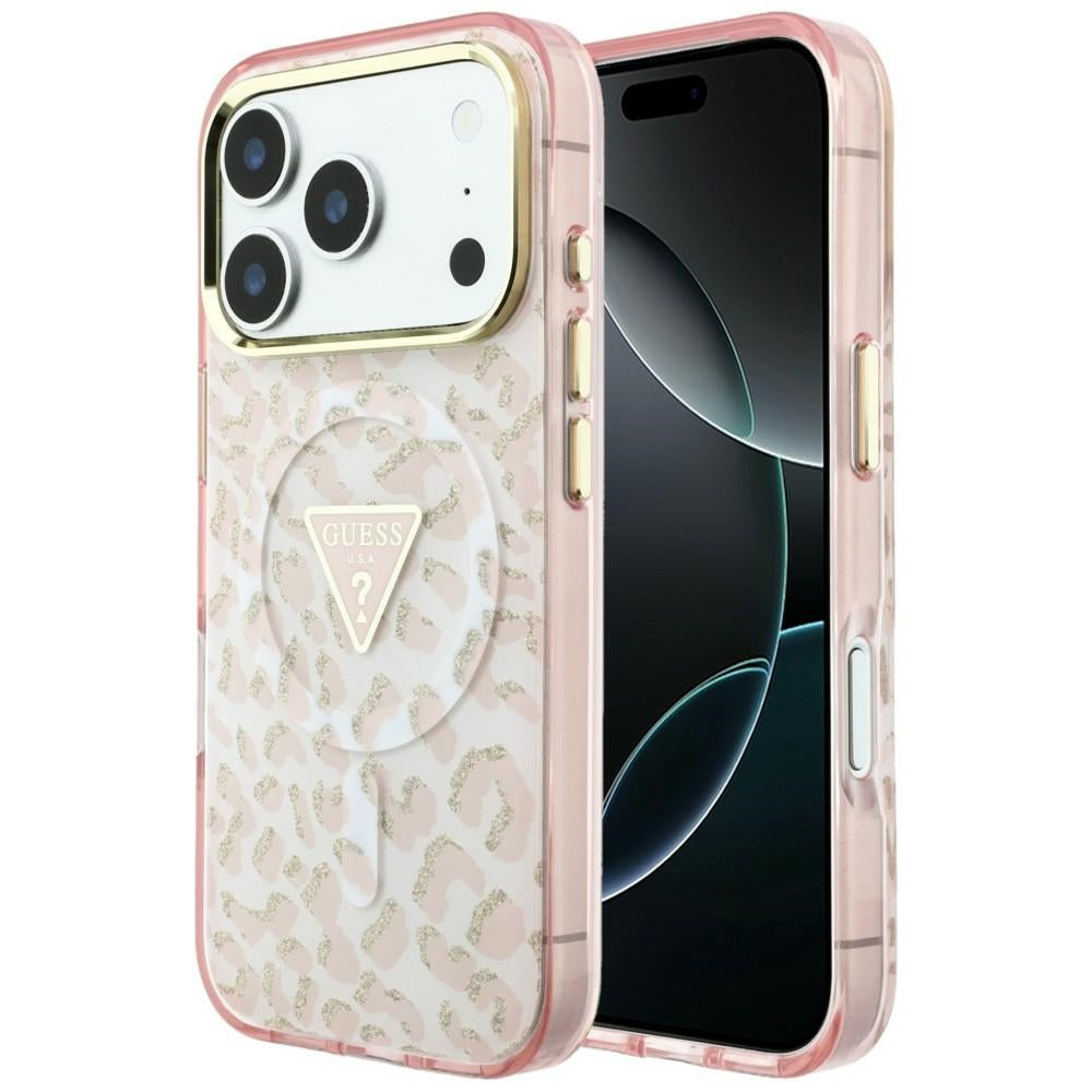 Etui MagSafe do Apple iPhone 18 Pro Max / 17 Pro Max, Guess, Leopard Glitter Triangle Logo, Różowe