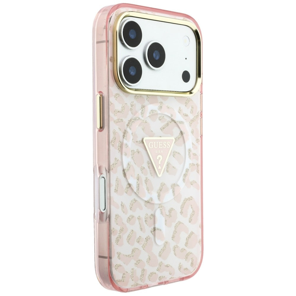 Etui MagSafe do Apple iPhone 18 Pro Max / 17 Pro Max, Guess, Leopard Glitter Triangle Logo, Różowe