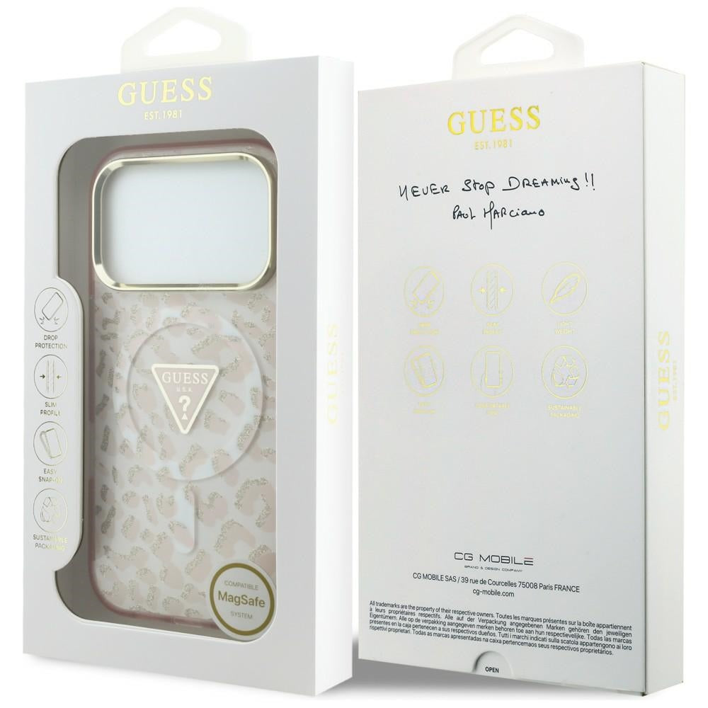 Etui MagSafe do Apple iPhone 18 Pro Max / 17 Pro Max, Guess, Leopard Glitter Triangle Logo, Różowe