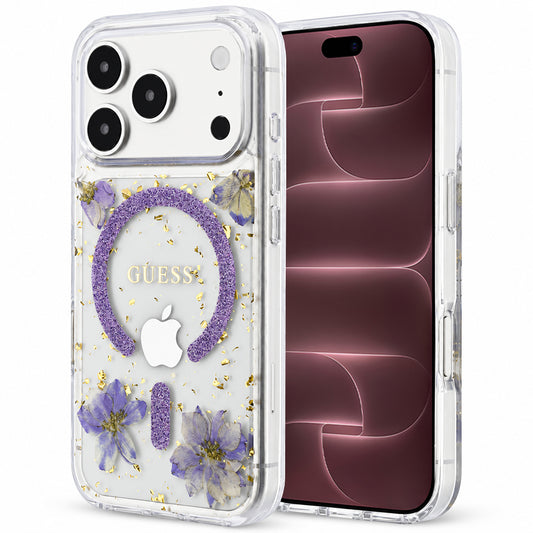 Etui MagSafe do Apple iPhone 18 Pro Max / 17 Pro Max, Guess, Kwiaty z żywicy i brokat, Fioletowy