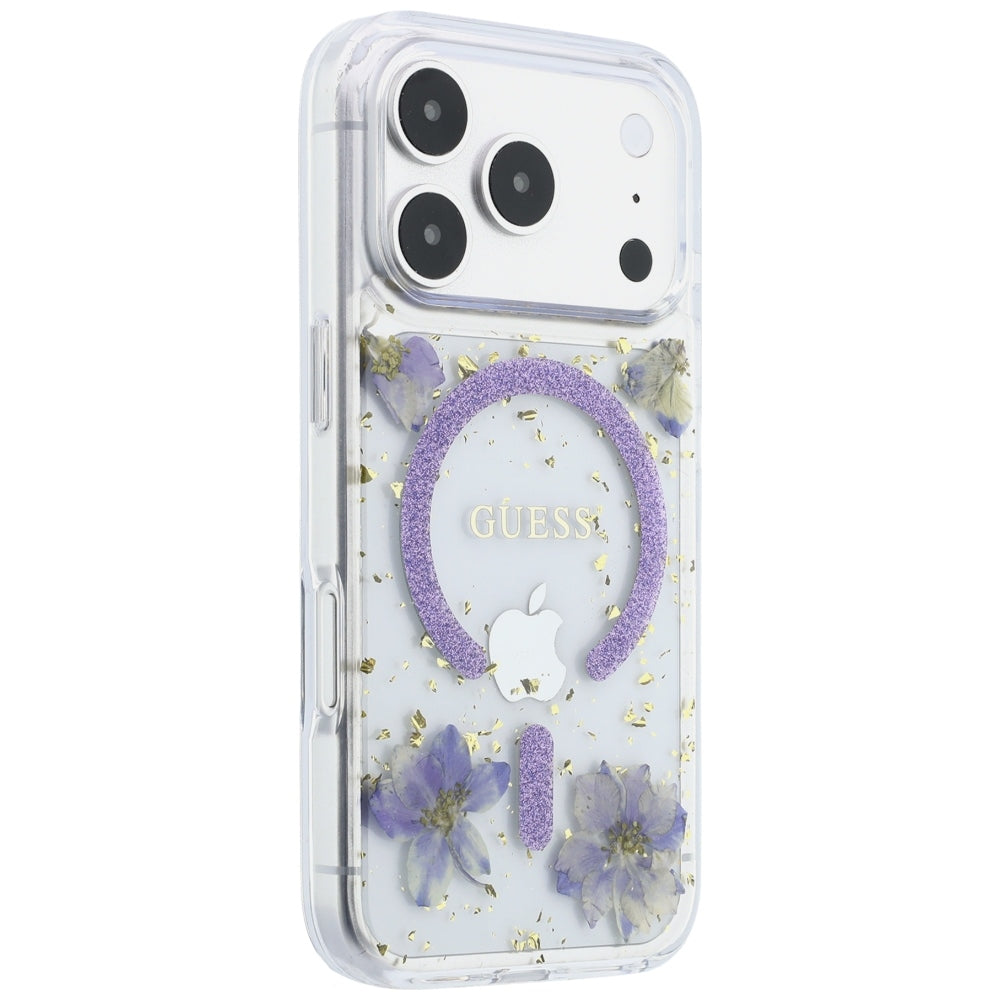 Etui MagSafe do Apple iPhone 18 Pro Max / 17 Pro Max, Guess, Kwiaty z żywicy i brokat, Fioletowy