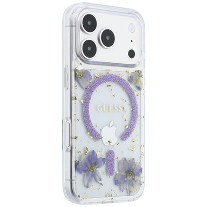 Etui MagSafe do Apple iPhone 18 Pro Max / 17 Pro Max, Guess, Kwiaty z żywicy i brokat, Fioletowy