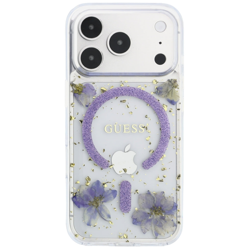 Etui MagSafe do Apple iPhone 18 Pro Max / 17 Pro Max, Guess, Kwiaty z żywicy i brokat, Fioletowy