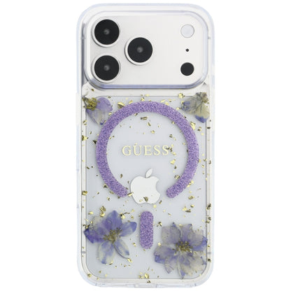 Etui MagSafe do Apple iPhone 18 Pro Max / 17 Pro Max, Guess, Kwiaty z żywicy i brokat, Fioletowy