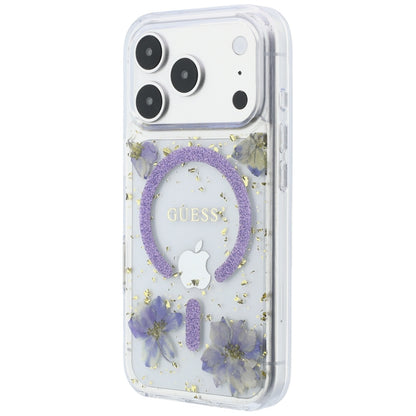 Etui MagSafe do Apple iPhone 18 Pro Max / 17 Pro Max, Guess, Kwiaty z żywicy i brokat, Fioletowy
