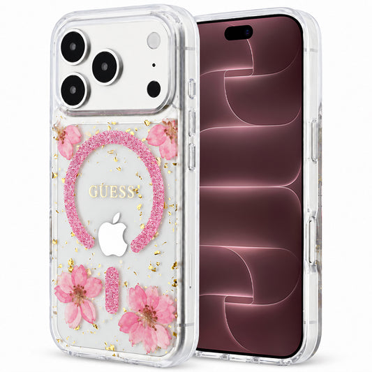 Etui MagSafe do Apple iPhone 18 Pro Max / 17 Pro Max, Guess, Resin Flowers and Glitter, różowy