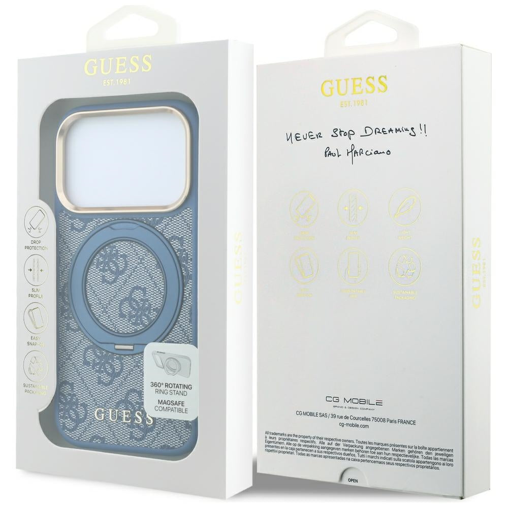Etui MagSafe do Apple iPhone 18 Pro Max / 17 Pro Max, Guess, Ring Stand 360 4G Classic Logo, Niebieskie