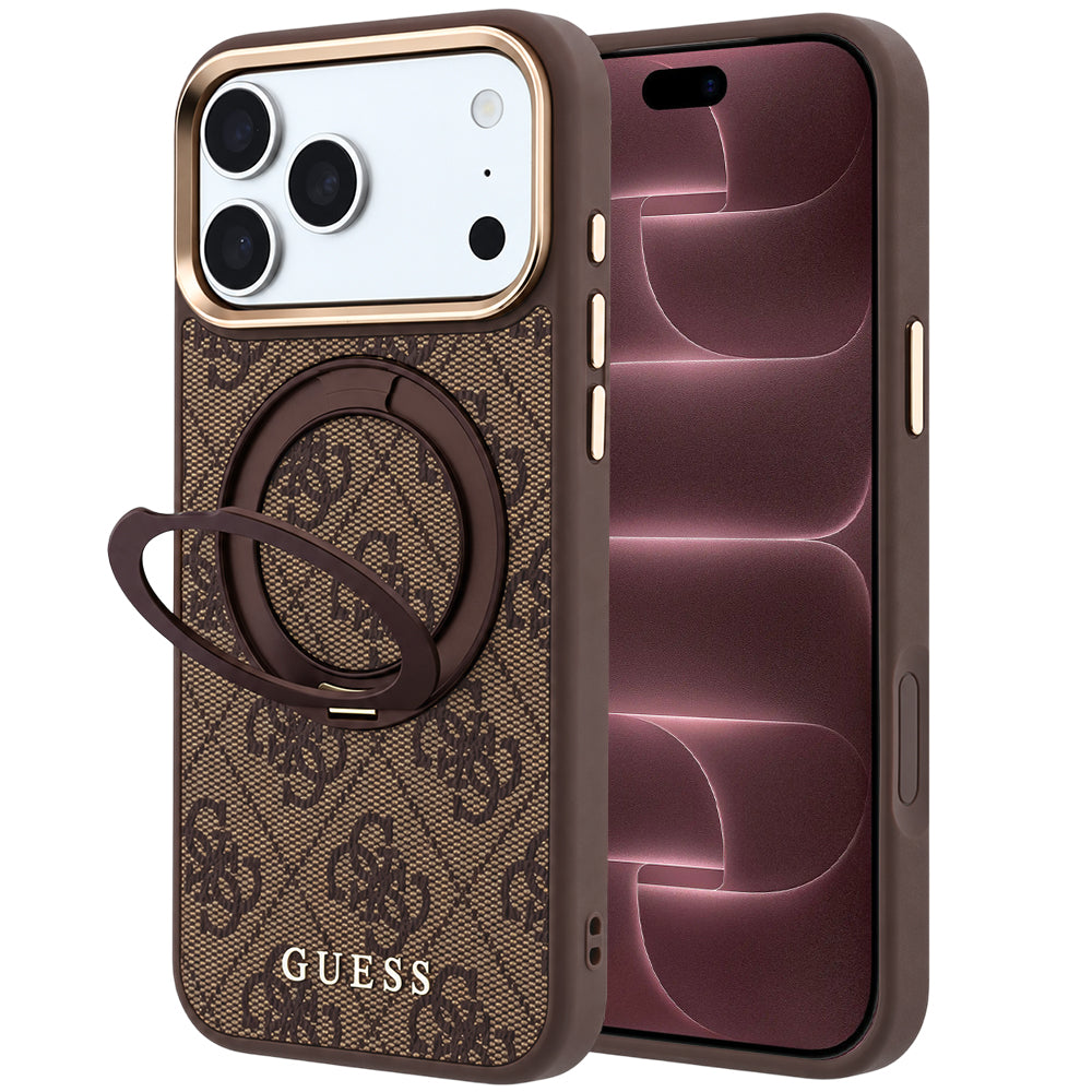 Etui MagSafe do Apple iPhone 18 Pro Max / 17 Pro Max, Guess, Ring Stand 360 4G Classic Logo, Brązowy