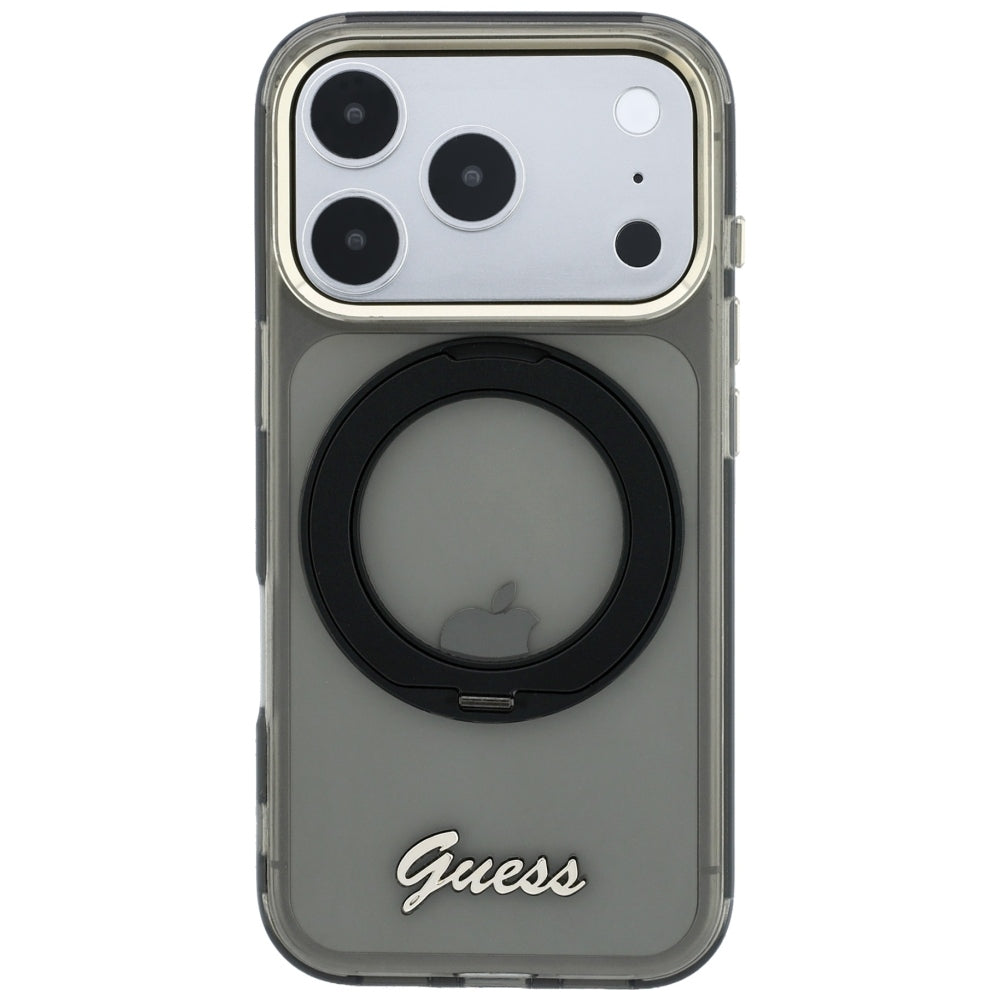 MagSafe Case for Apple iPhone 18 Pro Max / 17 Pro Max, Guess, Ring Stand Script Metal Logo, Black