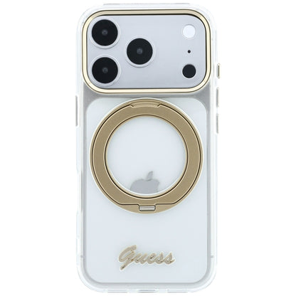 MagSafe Case for Apple iPhone 18 Pro Max / 17 Pro Max, Guess, Ring Stand Script Metal Logo, Transparent